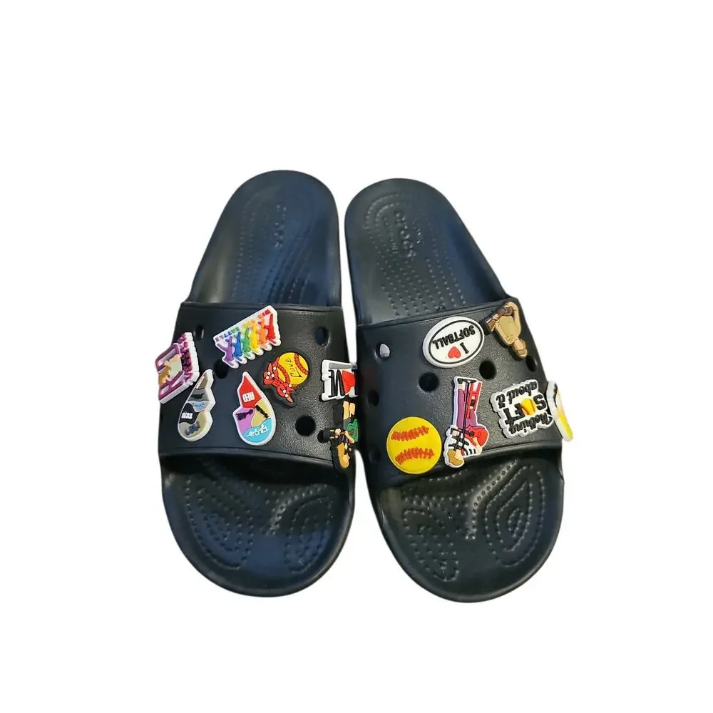 Crocs black slide sandals big girls sz 5 softball Taylor Swift charms